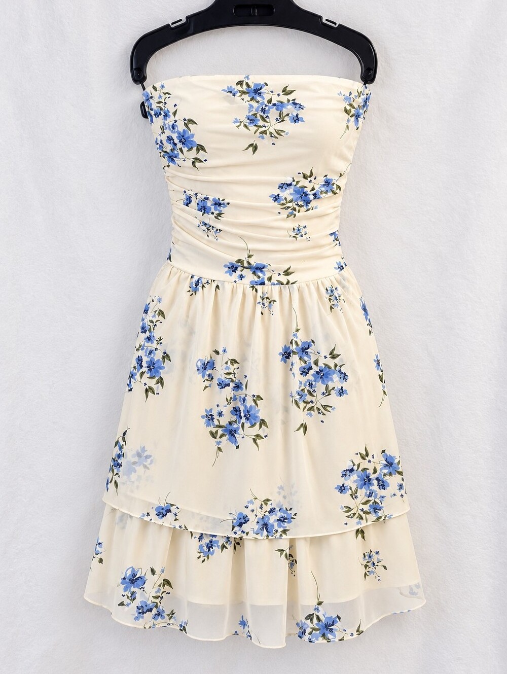 NWT MEROKEETY Blue Floral Strapless Ruched Mini Dress L